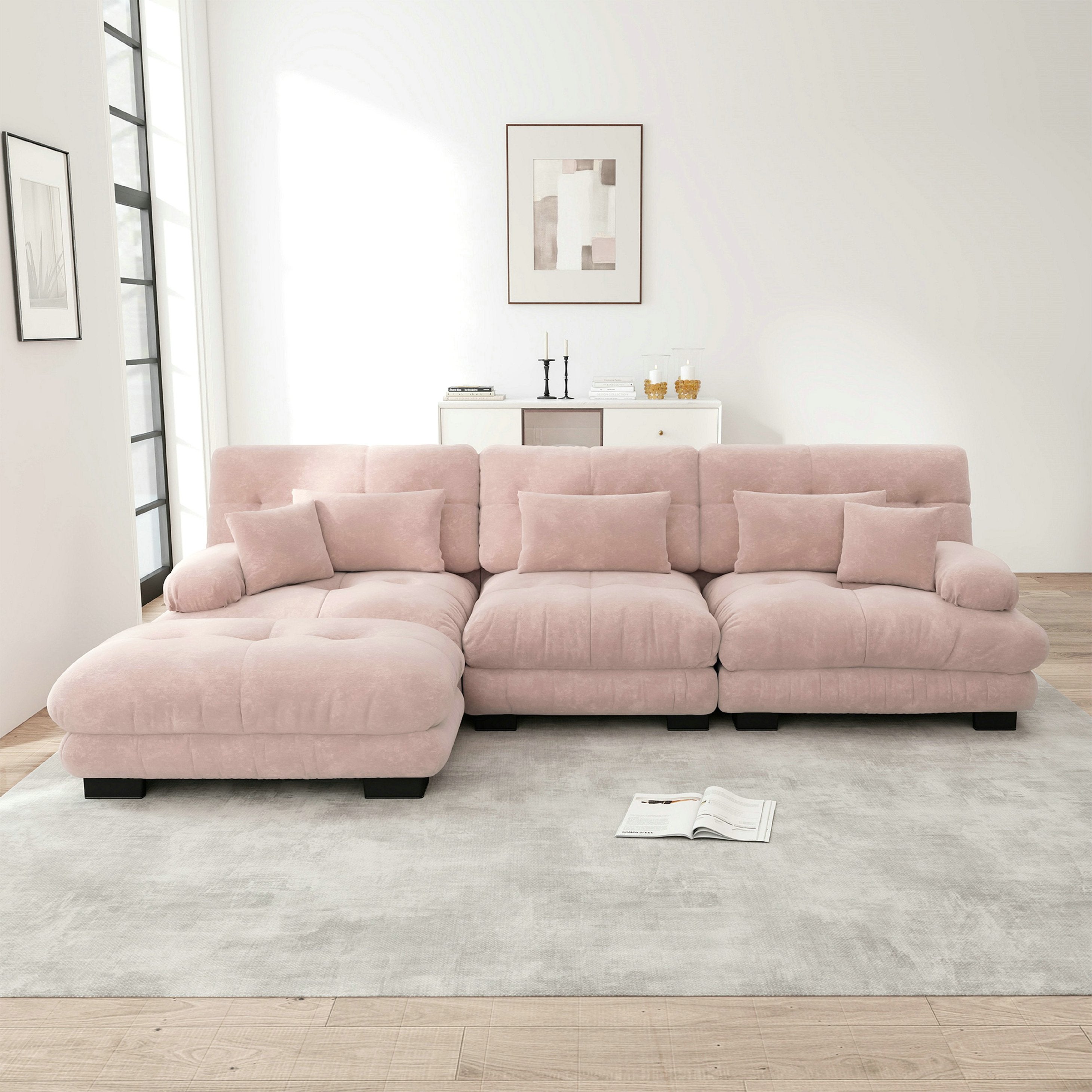 Canapé d\'angle modulaire luxueux 3 places – en forme de nuage, Élégant confortable – canapé-lit profond avec pouf – chenille – rose - 3