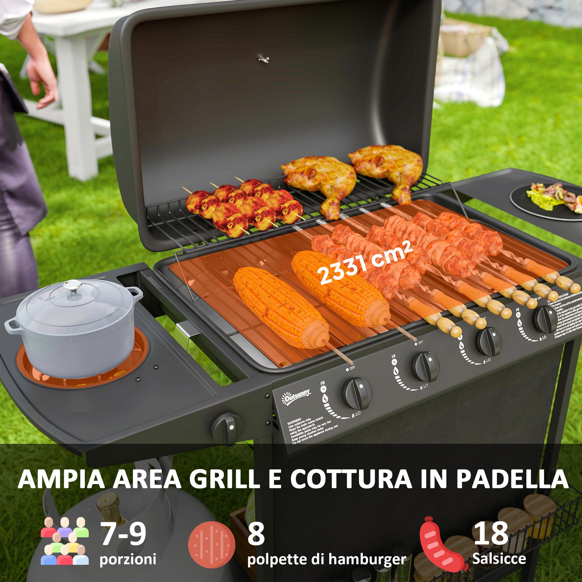 Outsunny Barbecue a Gas con 4+1 Bruciatori Indipendenti e Coperchio con Termometro, 121x54x97 cm, Nero - 4