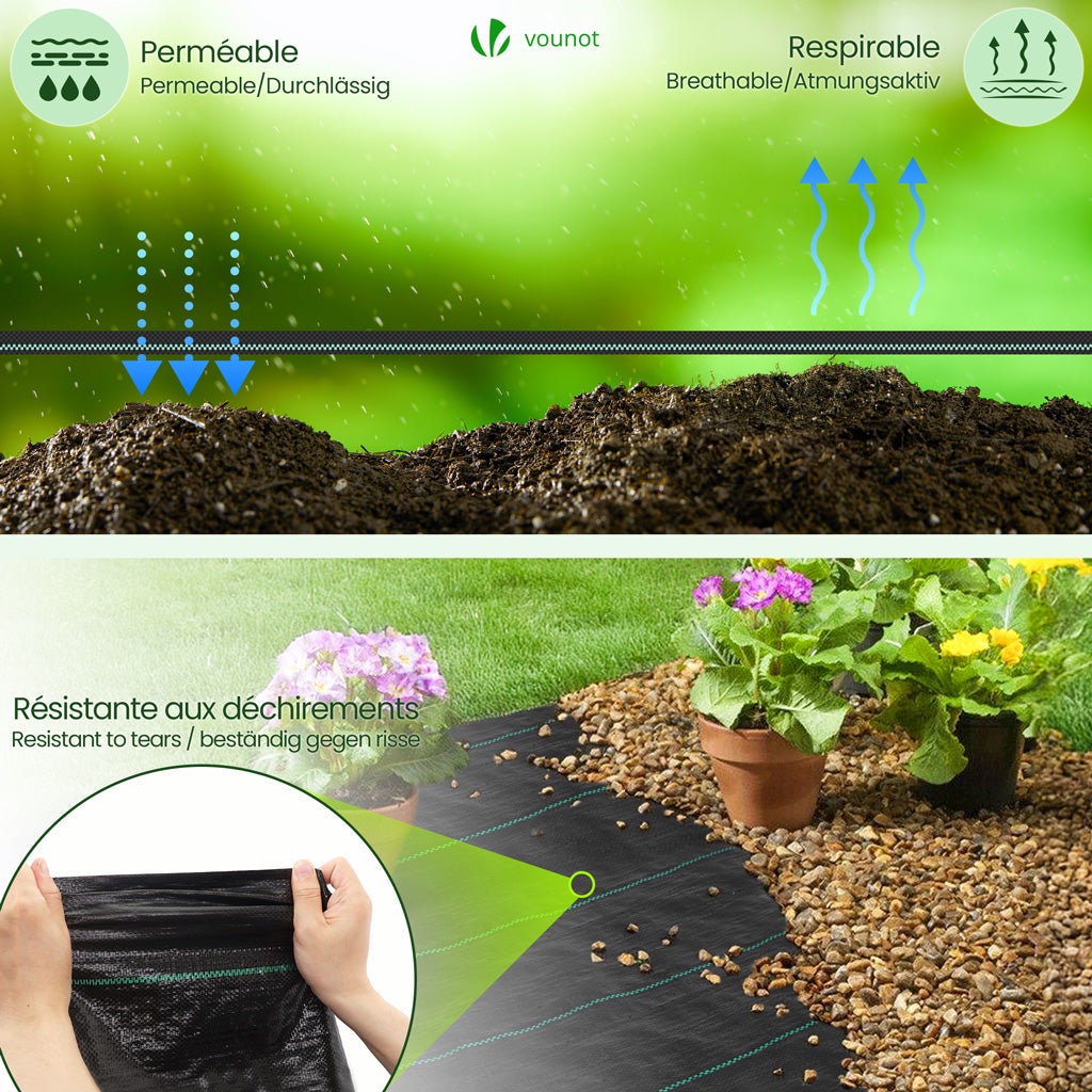 VOUNOT® Telo Pacciamatura 1m x 50m 100g/m², con 100 Picchetti a U, Telo Anti Erbacce per Orto, Giardino, Stabilizzazione UV, Nero - 3