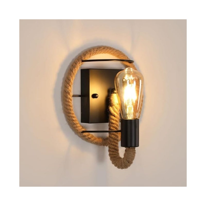 Kinkiet ze sznura, Rustykalny kinkiet w stylu retro industrialnym, Lampa ścienna vintage ze sznura konopnego do wnętrz (bez żarówek)
