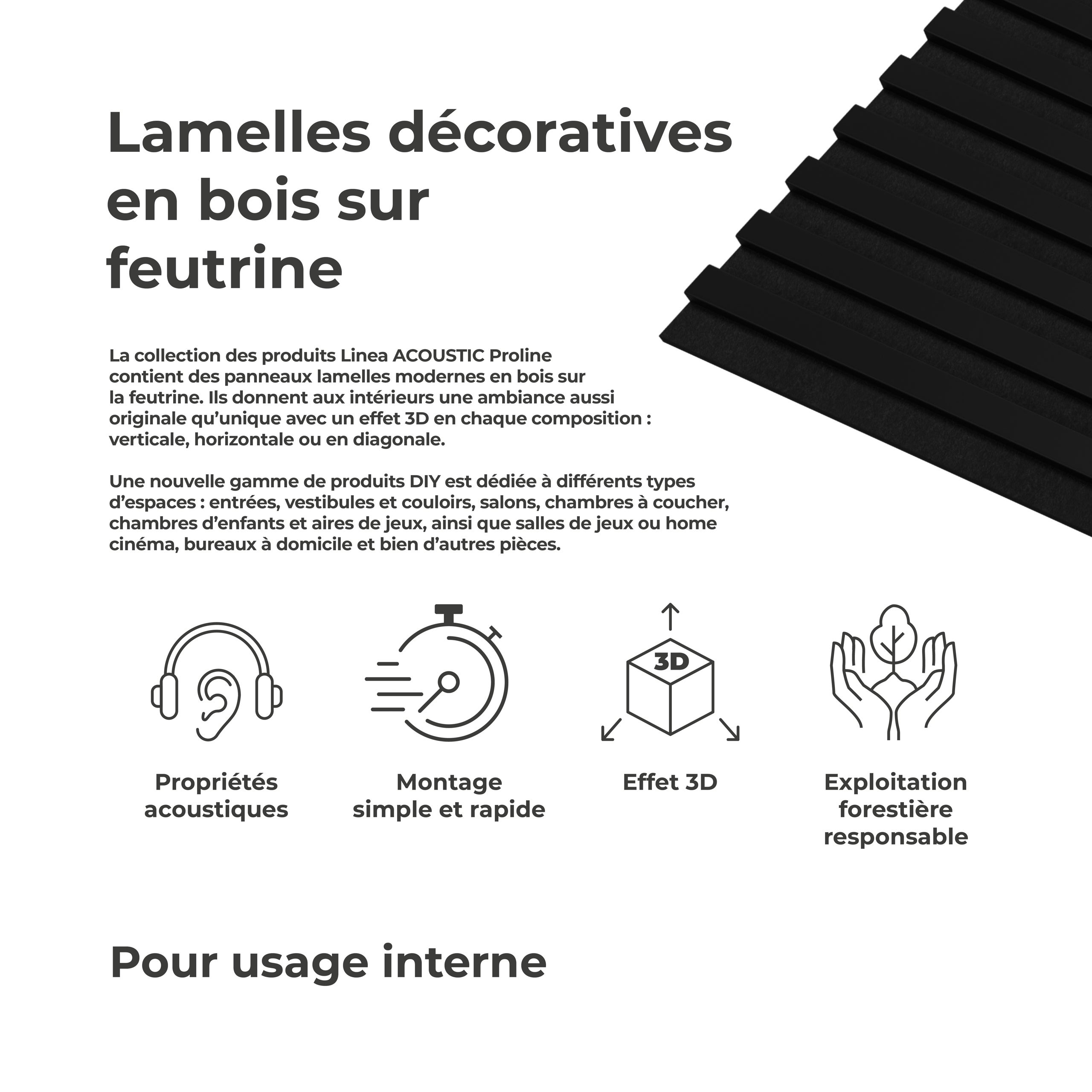 Panneau Tasseau Acoustique effet tasseau bois en feutre 1200mm x 605mm noir sur noir Linea Proline Stegu Ensemble de 4 pièces - 4
