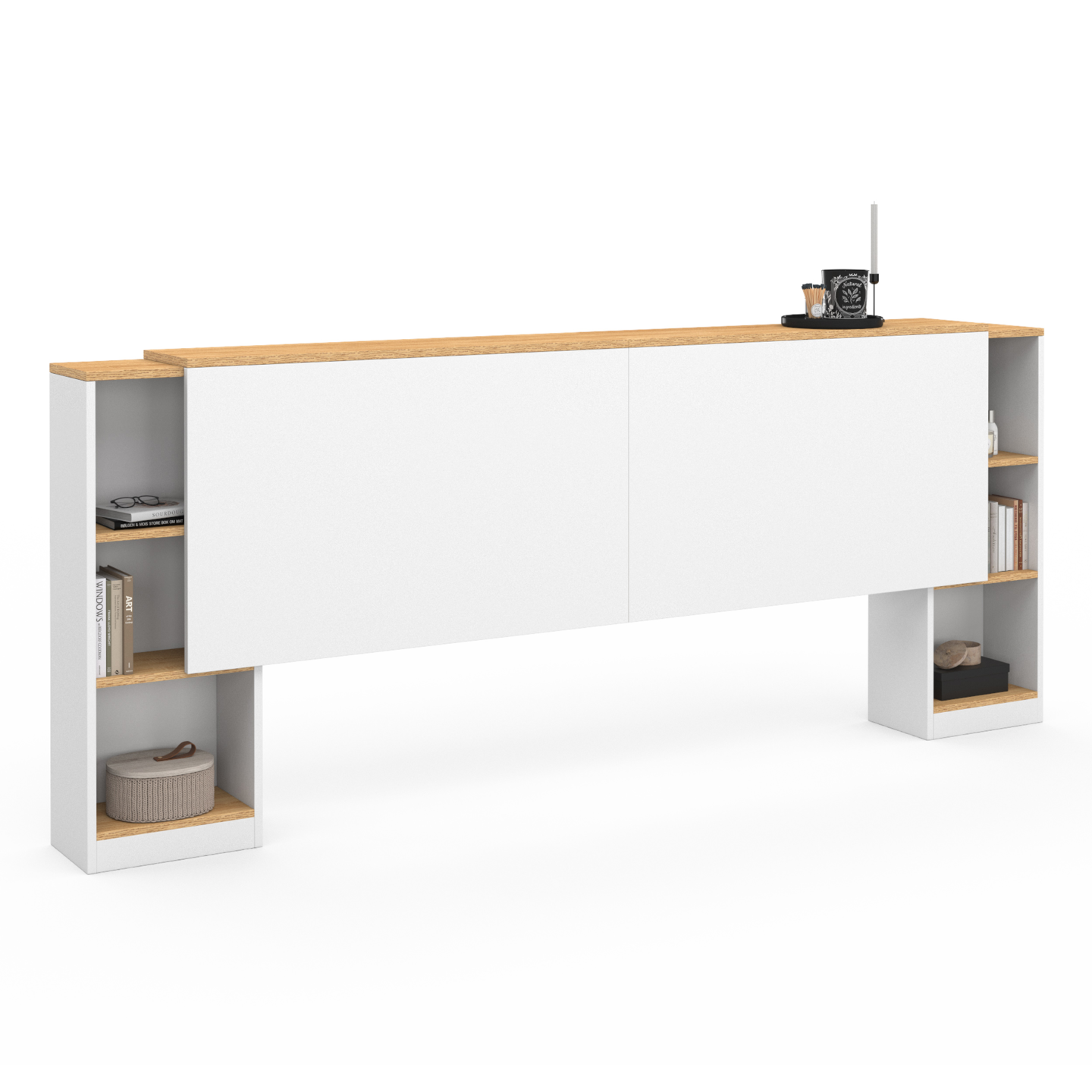 Tête de lit sur pied extensible avec chevets coulissants CATBA pour lit 140 et 160 cm blanc et façon bois - 2