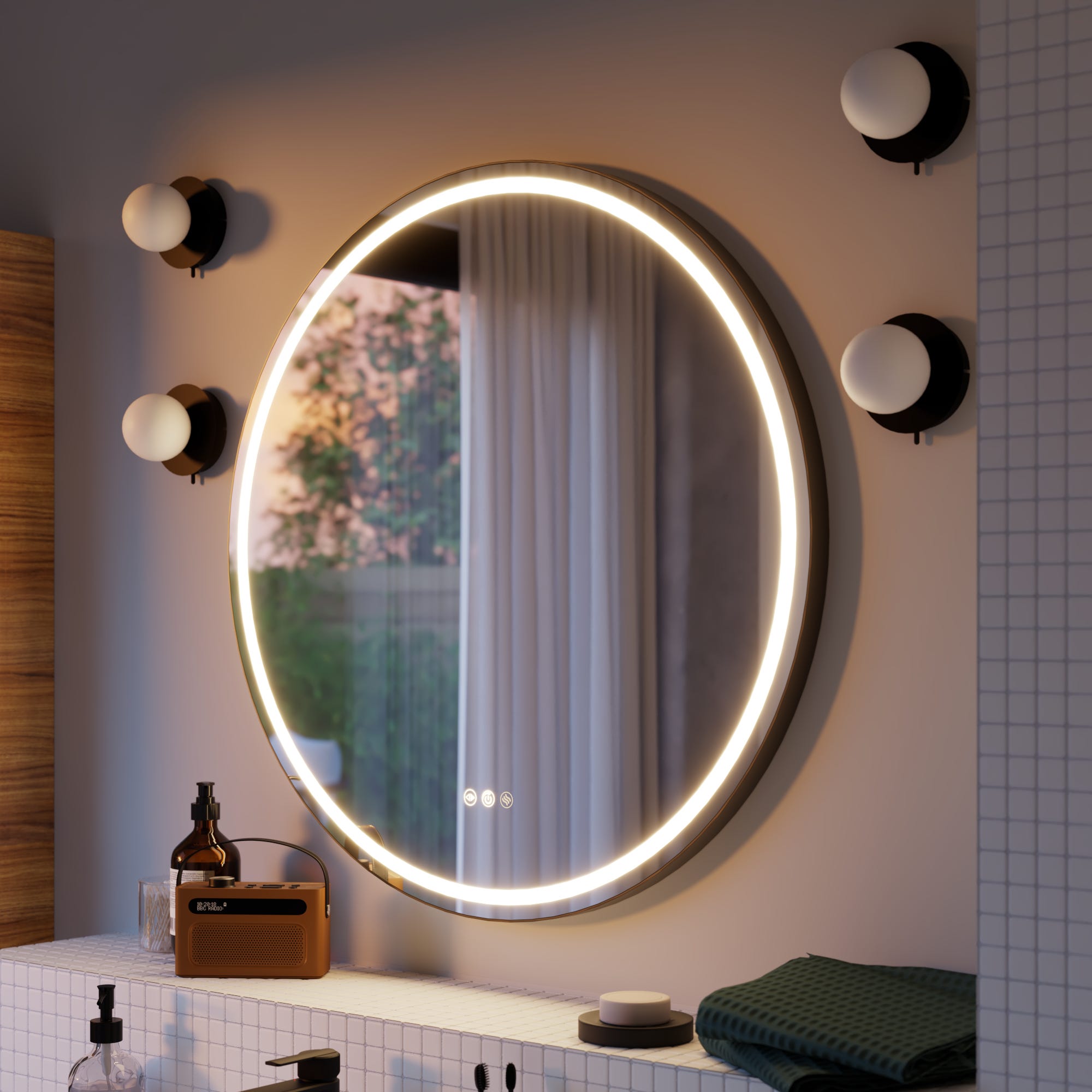 Miroir de salle de bain avec éclairage LED maquillage, Remix noir avec anti-buée, tactile 80x80 cm - 7