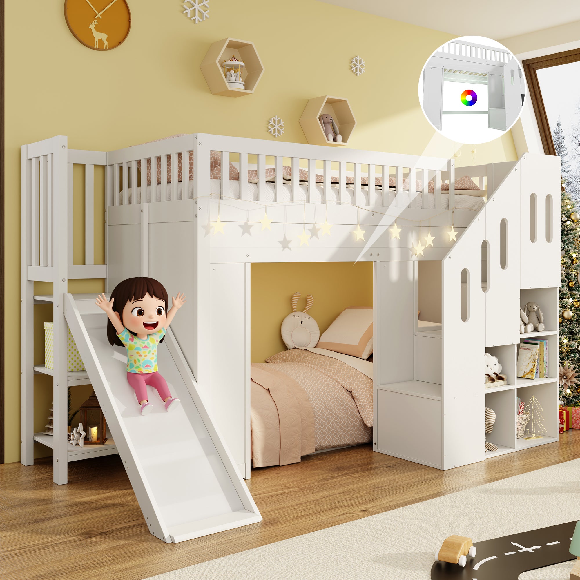 Łóżko piętrowe 90 x 200 cm ze zjeżdżalnią, półkami - LED - Drewno lite + MDF - LED - Białe (Materac nie jest wliczony w cenę)