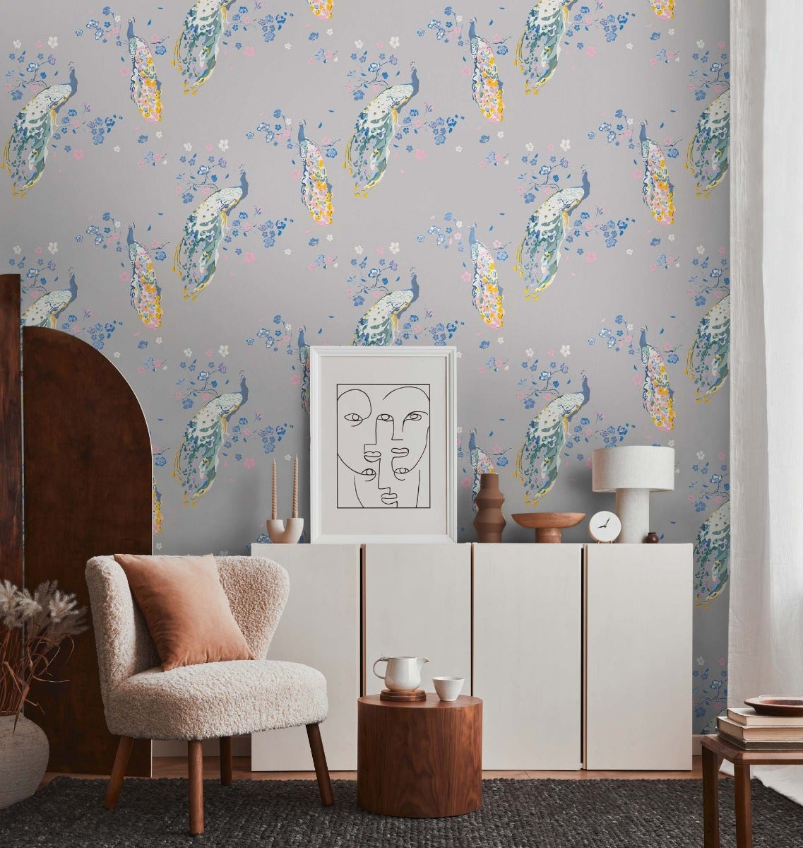 Tapeta ptak szarym,niebieskim,różowym,białymIpomarańczowym - 53 cm x 10.05 m - LIVINGWALLS