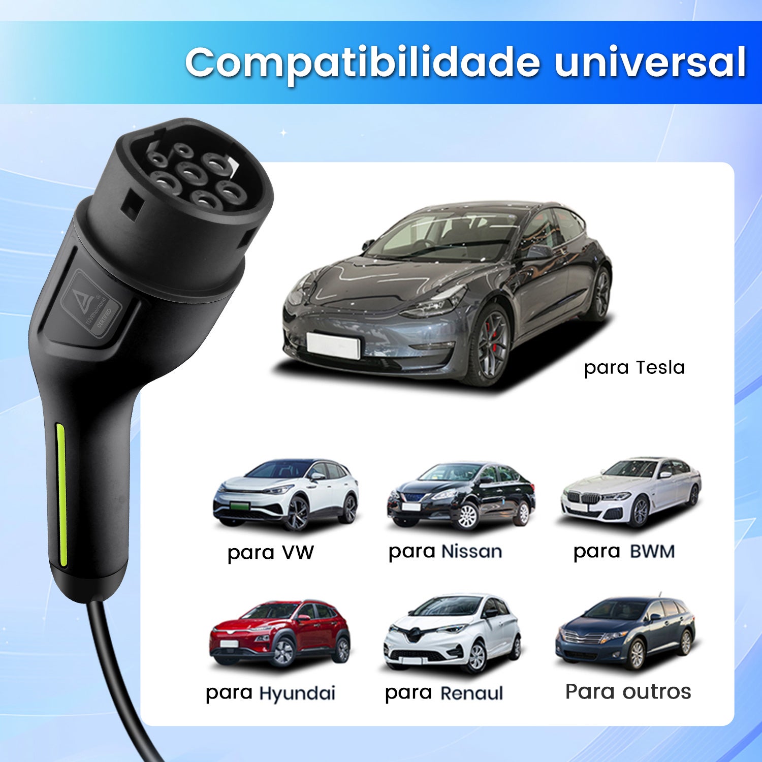 HEXINEX Carregador Veículo Elétrico 7 kW 32A Tipo 2 | Cabo de 5 m com Adaptador Tomada CEE 7/7 | IP67 | IEC 62196 - 4