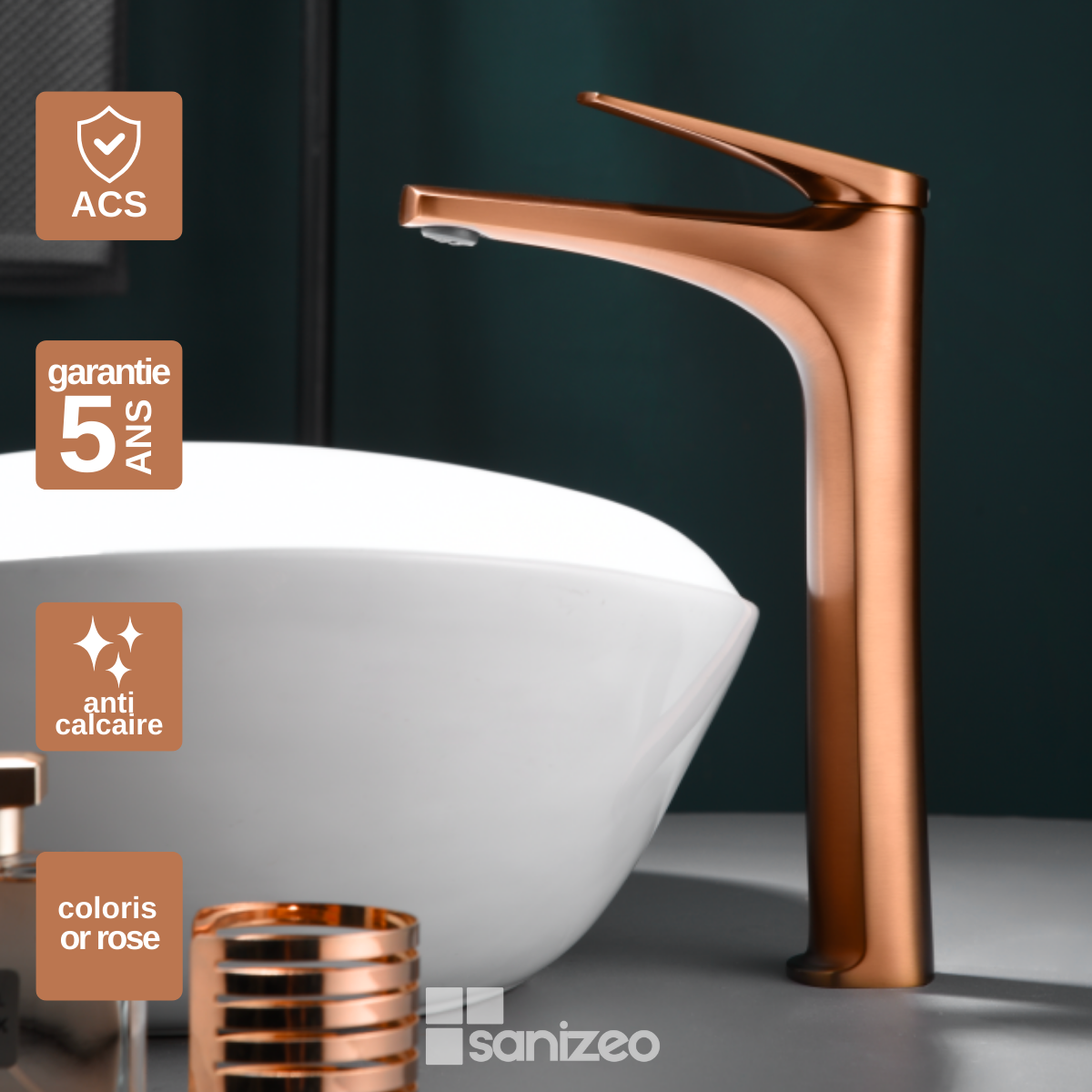 Mitigeur Lavabo Salle De Bain Or Rose Cuivr Bec Haut Anti Calcaire 