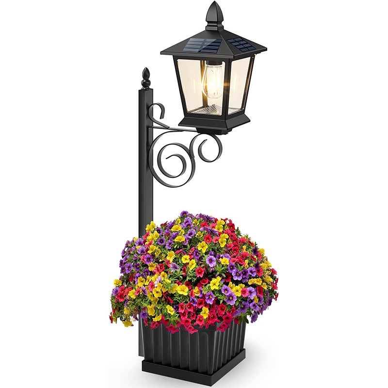 Qwinern negro 2 en 1 lámpara decorativa de maceta solar colgante de pared, lámpara de piso solar al aire libre, lámpara de mesa de jardín (sin flores)