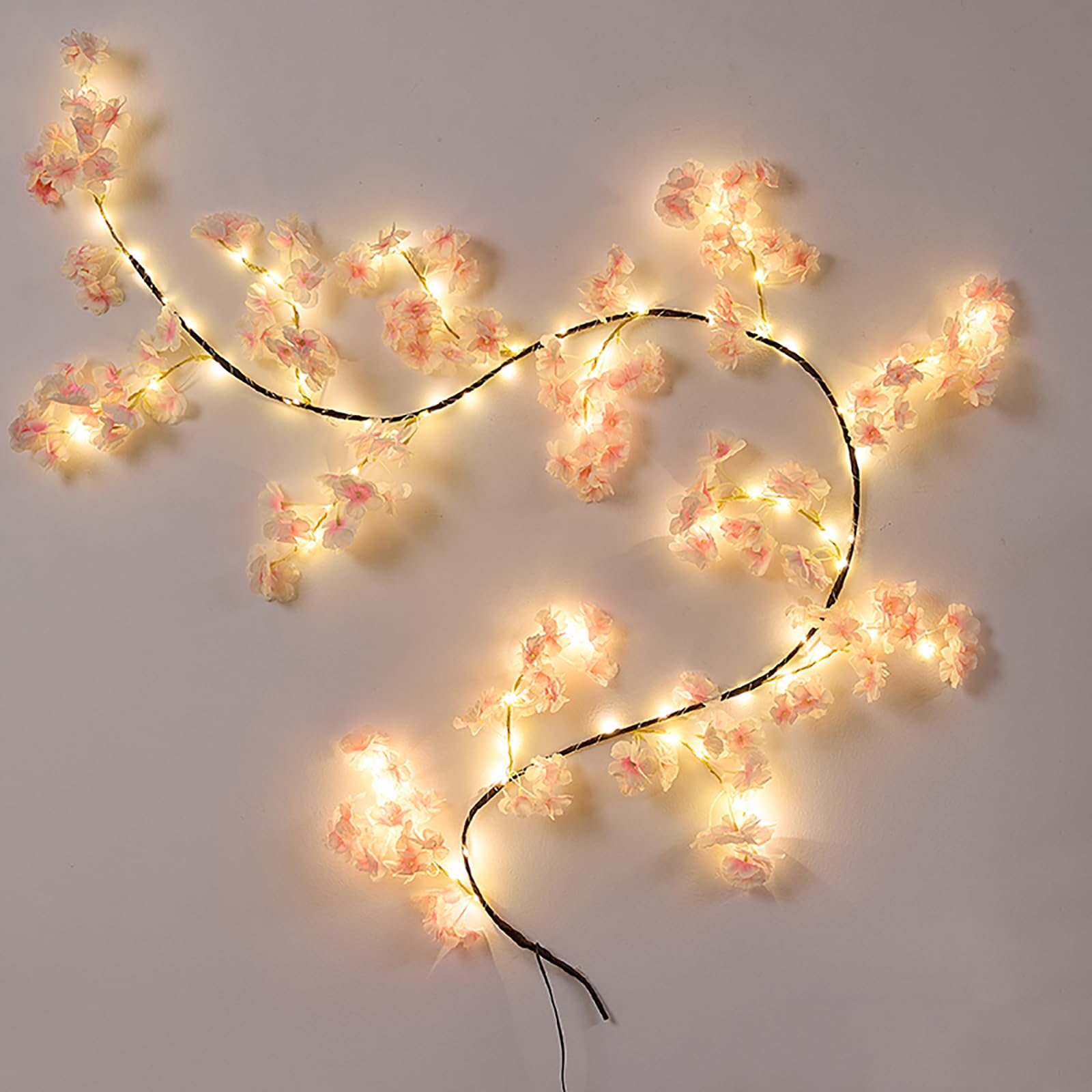 Catena Luminosa Parete Con Fiori Di Ciliegio 48 LED – Decorazione USB Con Telecomando, Rosa Chiaro