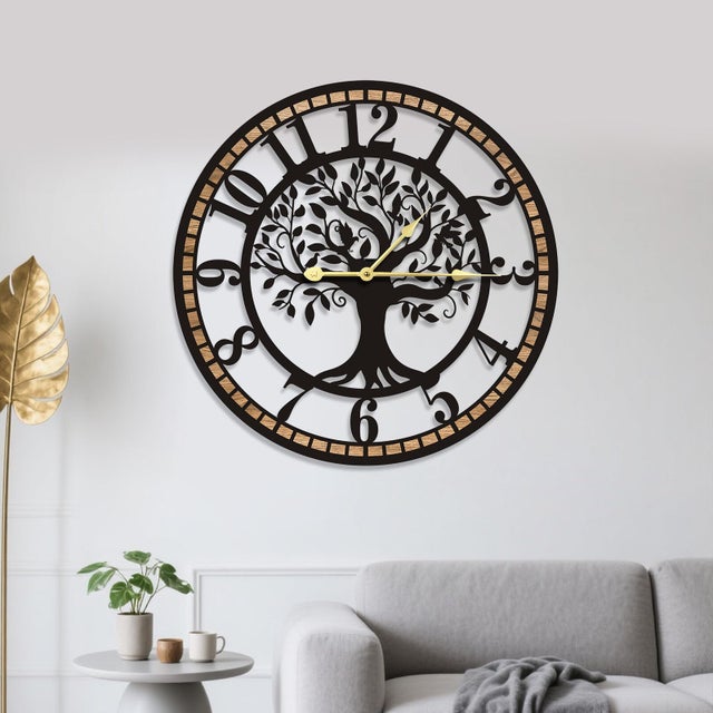 Horloge Murale Arbre de Vie, Horloge Murale décorative en Métal & Bois, Design Silencieux sans tic-tac et à Piles, Décoration Maison 16 Pouces