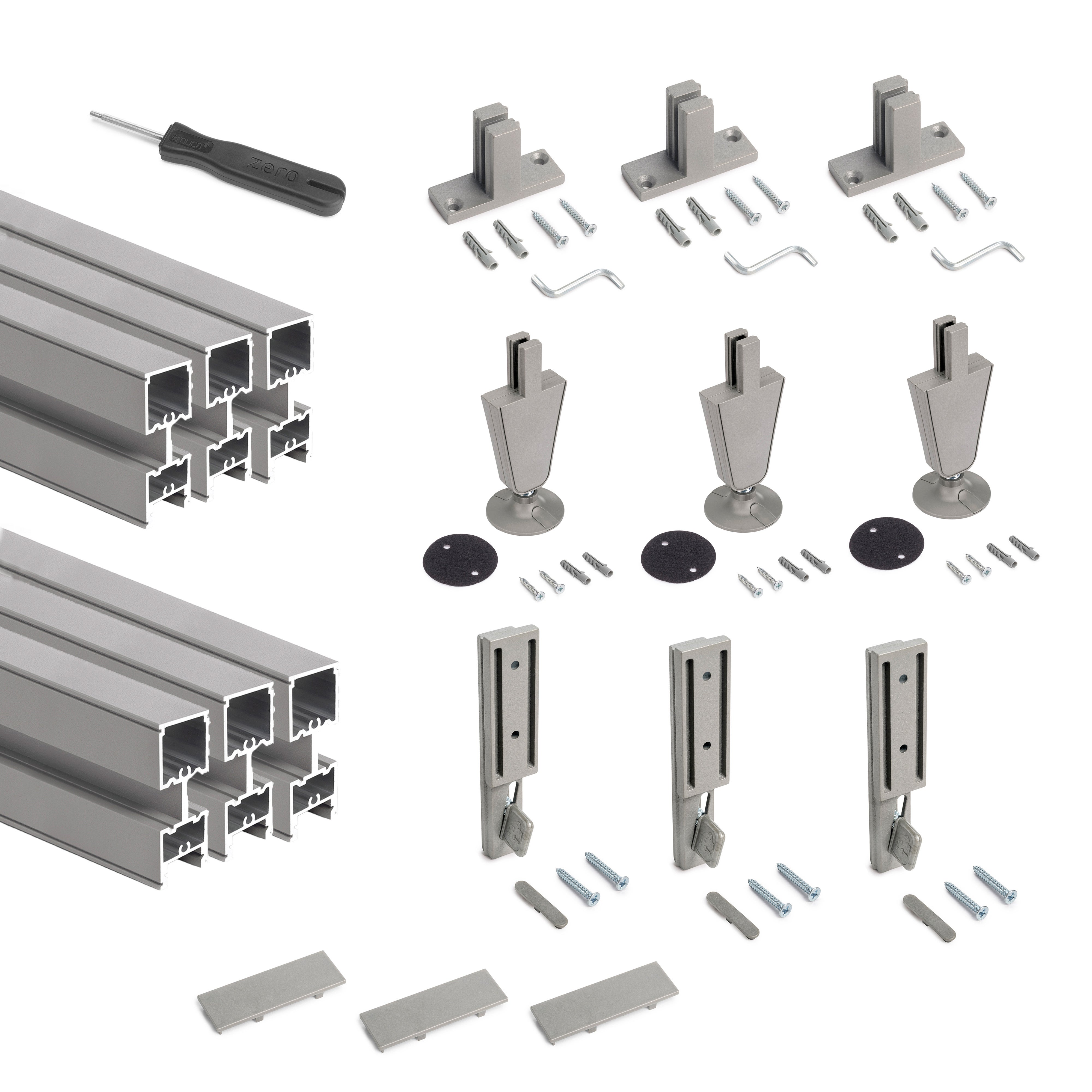 Emuca Pakiet 3 ramek Zero z okuciami i profilami do montażu podłogowego i ściennego z okrągłym regulatorem, Aluminium i Znal, Kamiennoszary