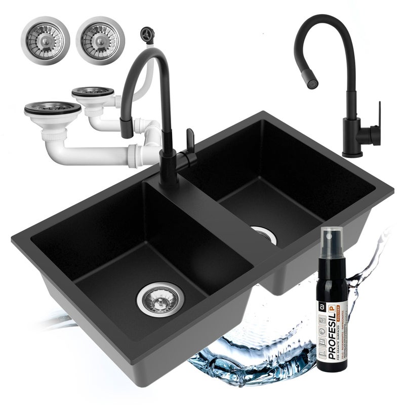 Zlewozmywak dwukomorowy Prado czarny w zestawie z syfonem przyściennym i baterią elastyczną Ruben