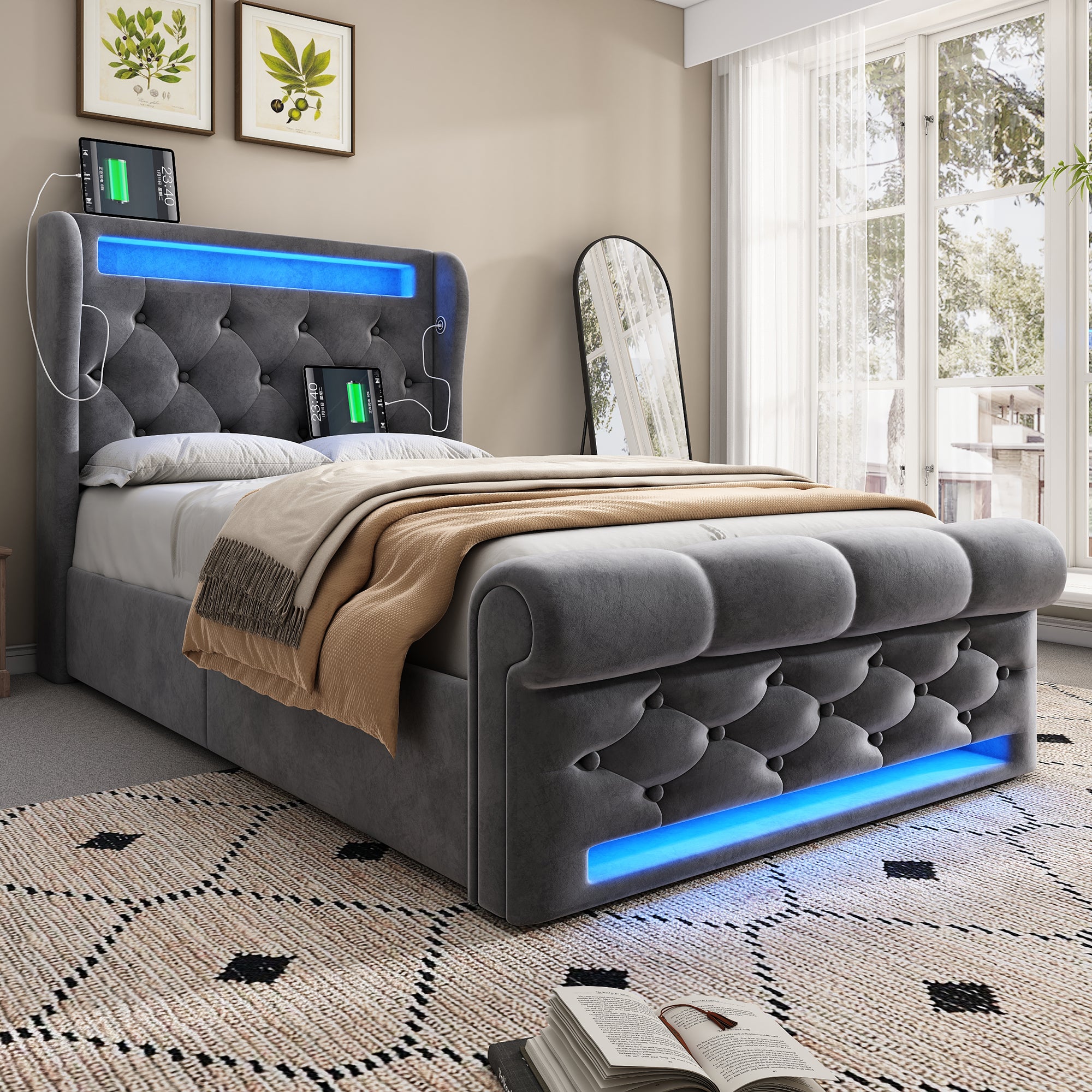 Tapicerowane łóżko skrzyniowe 90x200cm - z LED - z portami USB i Type-C - Velvet - Szary