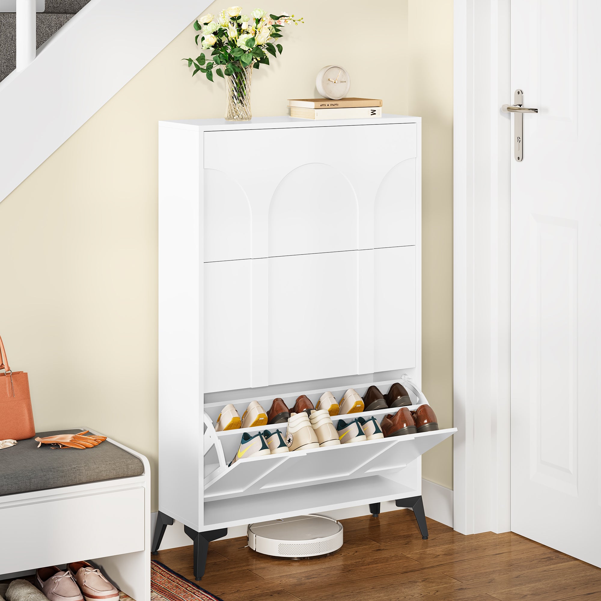 Armoire à Chaussures Étroite YITAHOME Blanc - 4 Abattants + Tiroir - Rangement Entrée / Couloir Compact 25 Cm Profondeur