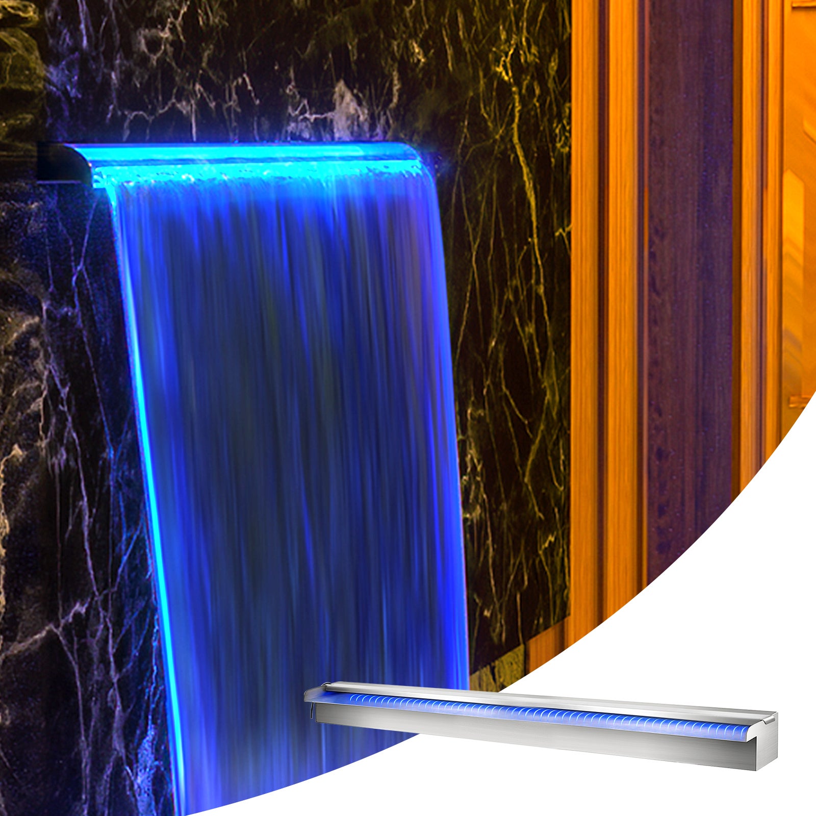 Déversoir à cascade piscine VEVOR 120x11,5x8 cm fontaine chute d'eau de piscine acier inox avec bande LED colorée,connecteur de tuyau,télécommande, - 8