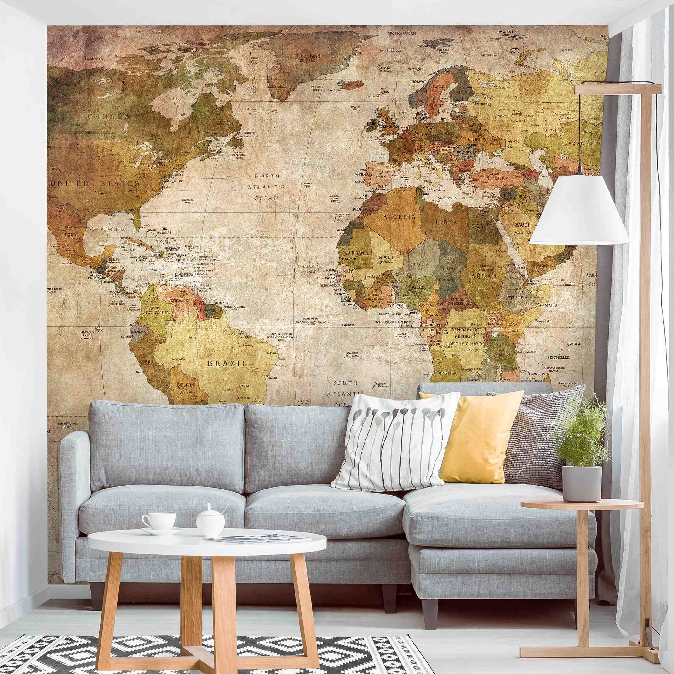 Papel pintado fotomural mapamundi mapa del mundo vintage shabby chic 136 - salón dormitorio cocina pasillo - tnt 288 x 288 cm adhesivo