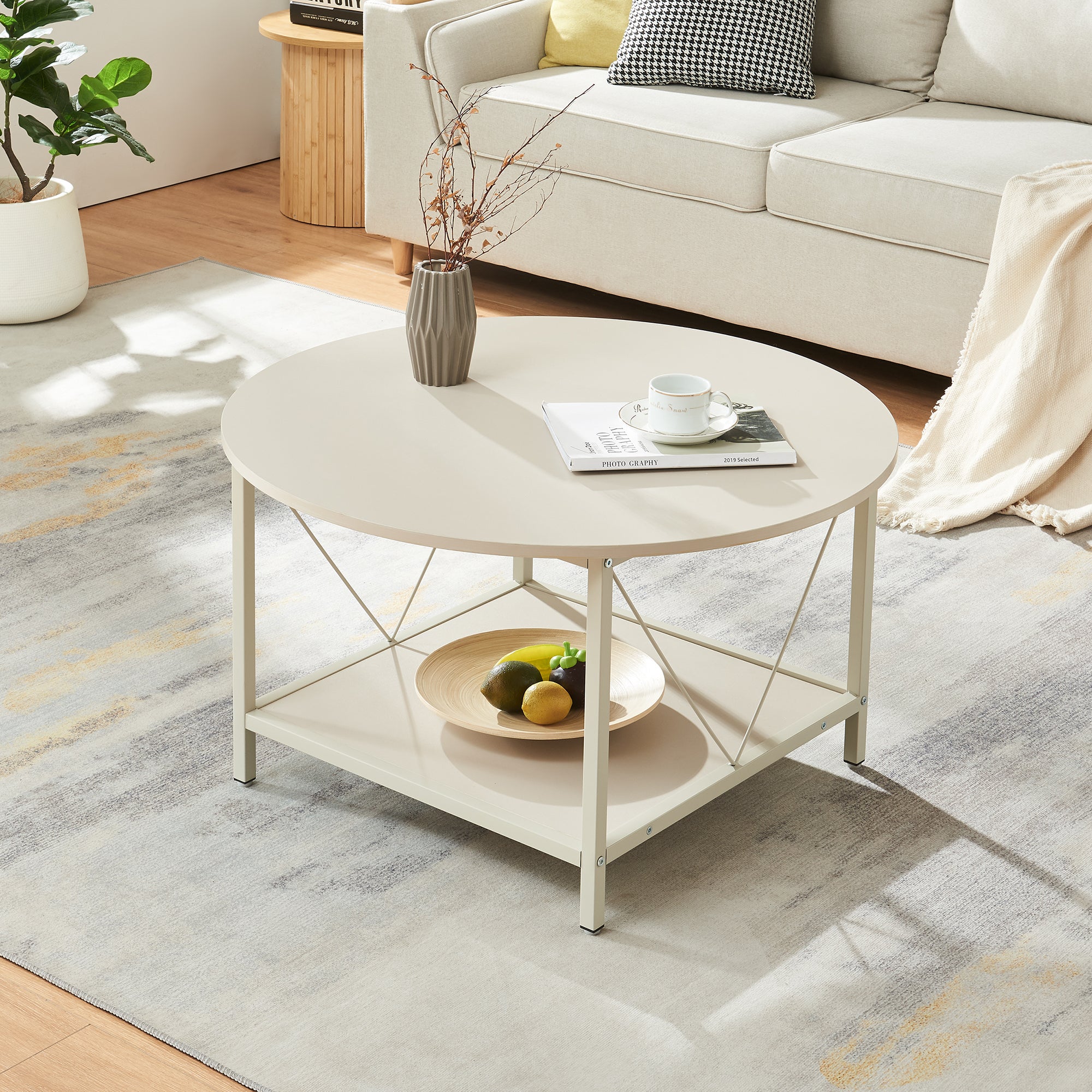 Tavolino Rotondo Moderno Scandinavo – Doppio Ripiano, Piano Bianco E Gambe In Legno Naturale, Per Soggiorno E Camera