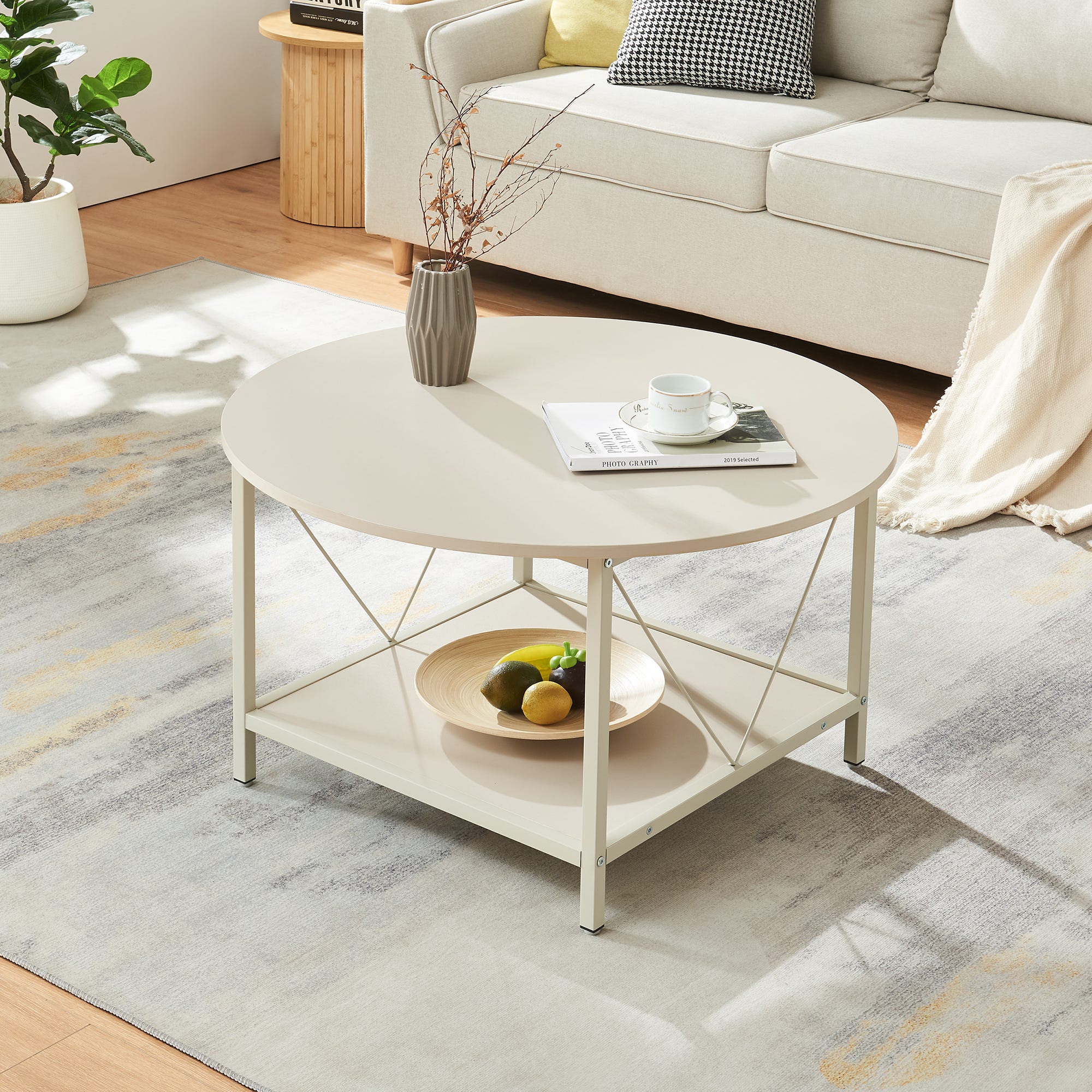Tavolino Rotondo Moderno Scandinavo – Doppio Ripiano, Piano Bianco E Gambe In Legno Naturale, Per Soggiorno E Camera