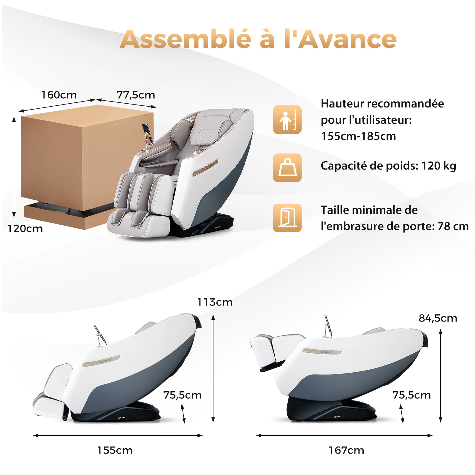 Fauteuil de Massage Électrique, Fauteuil de Massage Inclinable Rail SL avec 12 Modes Automatiques 5 Techniques de Massage Chauffage, Blanc - 9