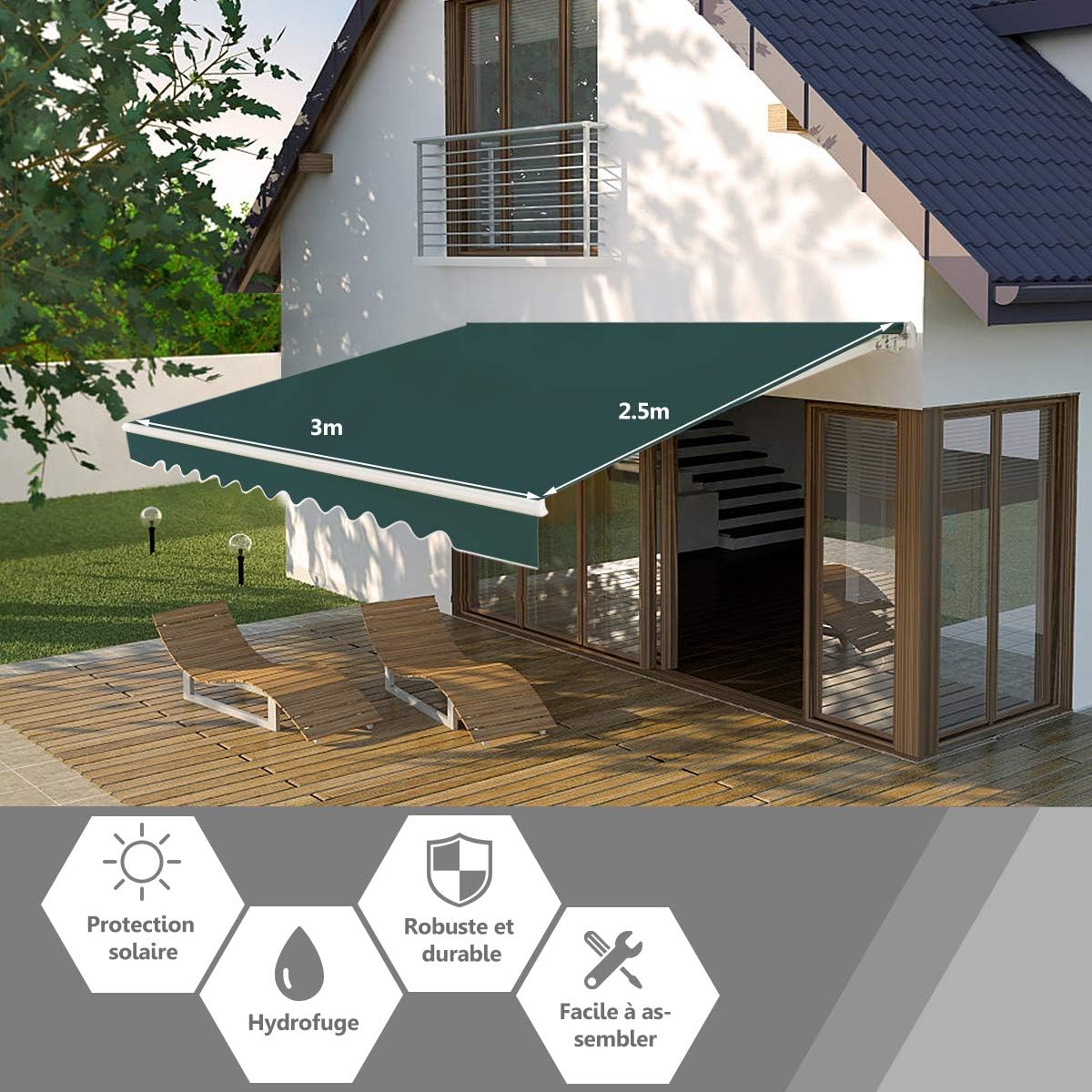 Store Banne de Balcon Rétractable avec Tissu Résistant aux UV et à l'eau, Cadre en Aluminium, Réglable 5-35°,3 x 2,5 m, Vert - 6