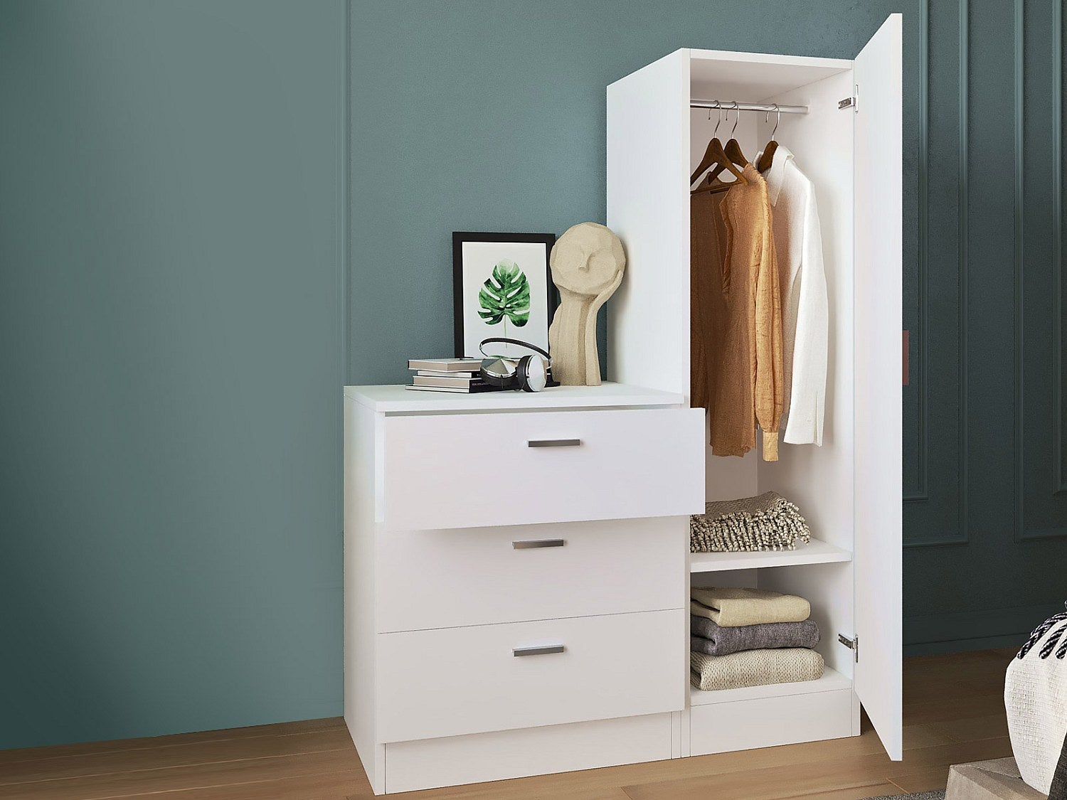 IDMarket – Commode 3 Tiroirs + 1 Porte TOMI 110 Cm | Meuble Rangement Chambre Blanc Design Moderne