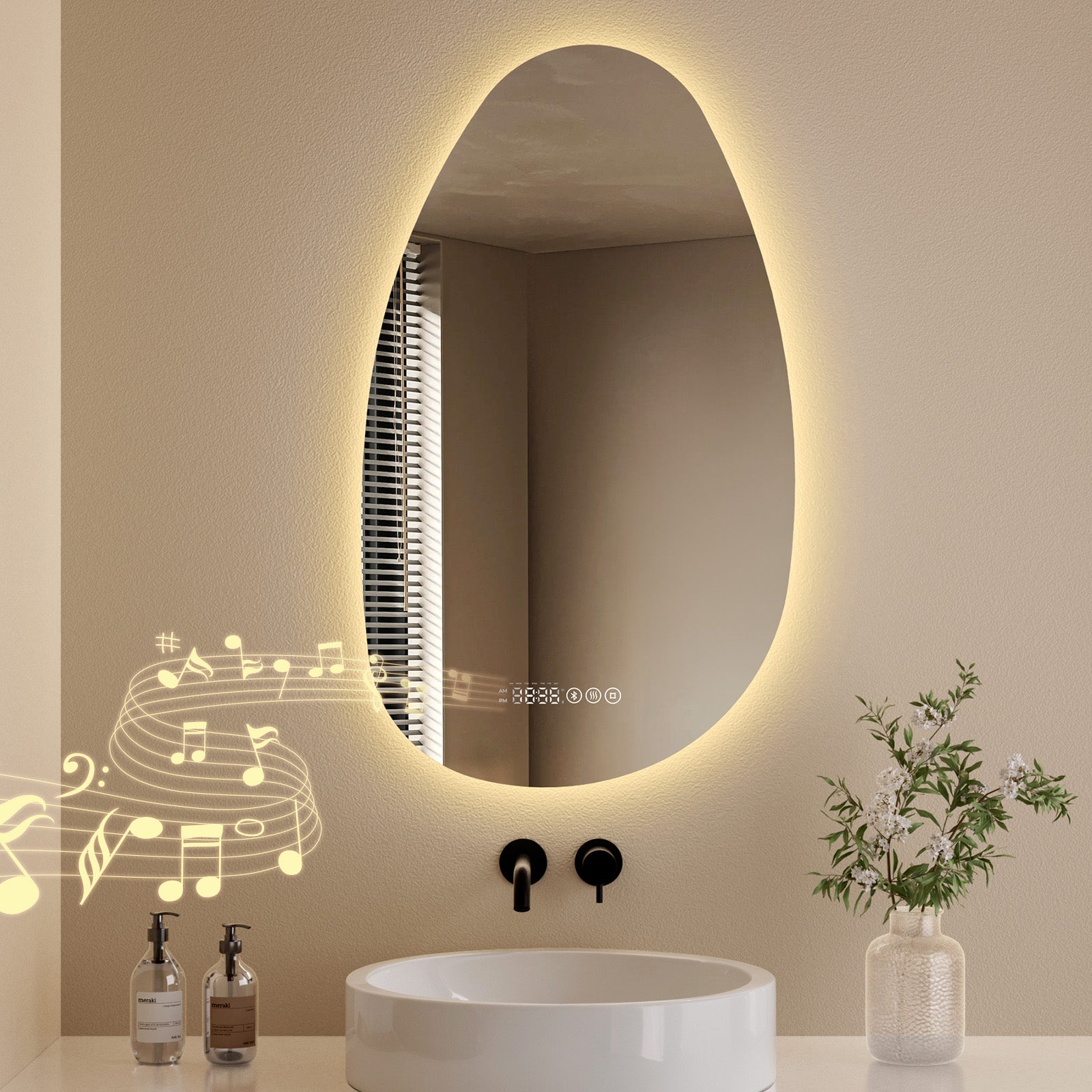 Lustro łazienkowe LED 50 x 85 cm, asymetryczne, 3 barwy światła, antypara, Bluetooth, wyświetlacz godziny i temperatury