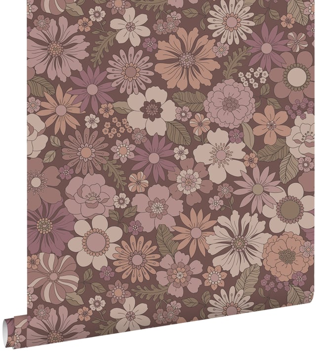 Papier peint fleurs rétro vieux rose et violet aubergine - 53 cm x 10.05 m - ESTAhome
