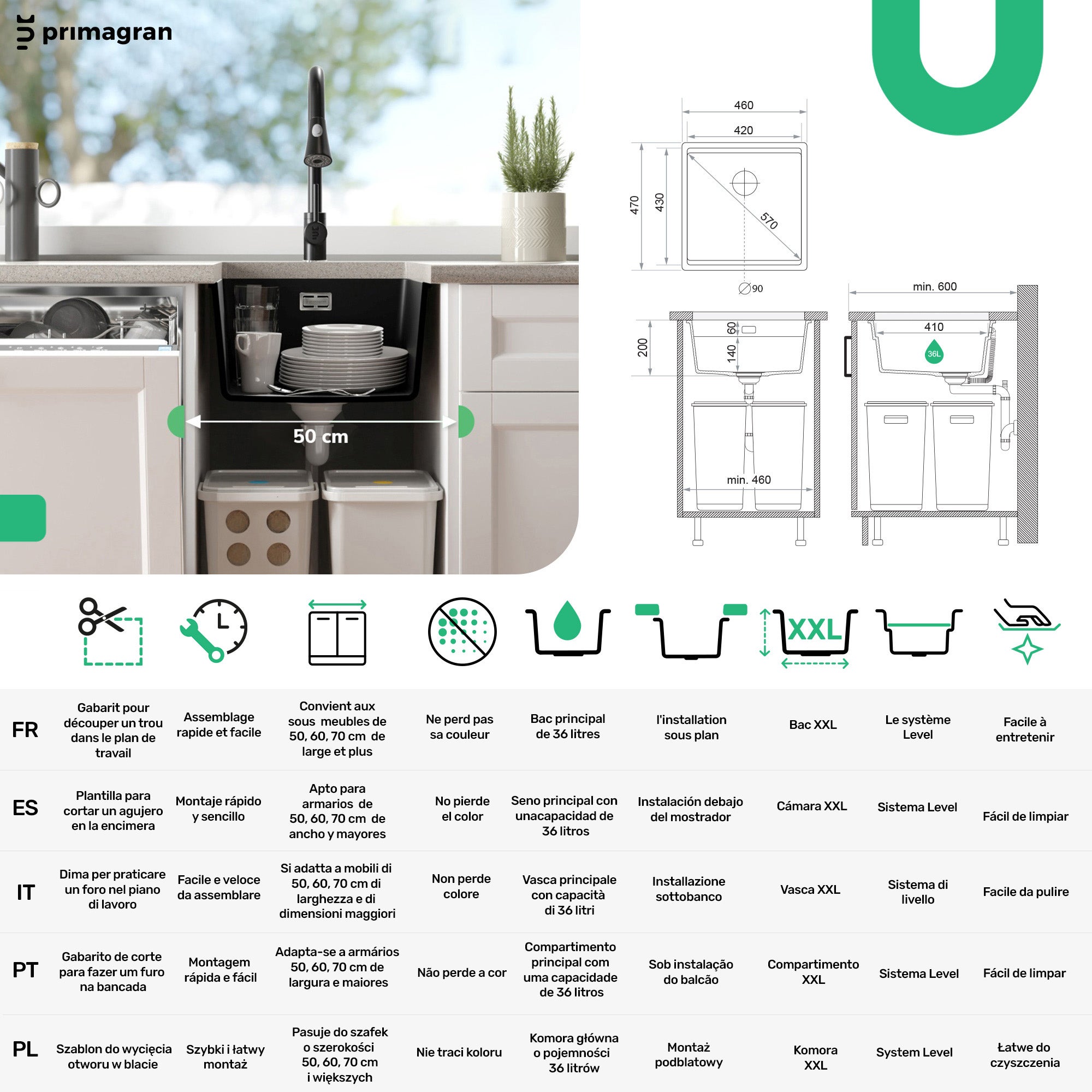 Lavandino sottotop Nero 46x47cm, Lavello in Granito a 1 vasca + Sifone Classico + Accessori, Lavabo da Cucina al mobile 50cm - Prague PRIMAGRAN - 6