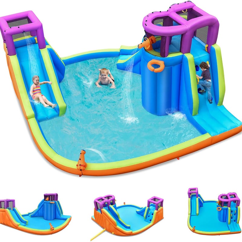 Nadmuchiwana Konstrukcja Zewnętrzna (Fioletowa) z Podwójną Zjeżdżalnią, Pistoletem Wodnym, Ścianką Wspinaczkową i Koszem, bez Dmuchawy.