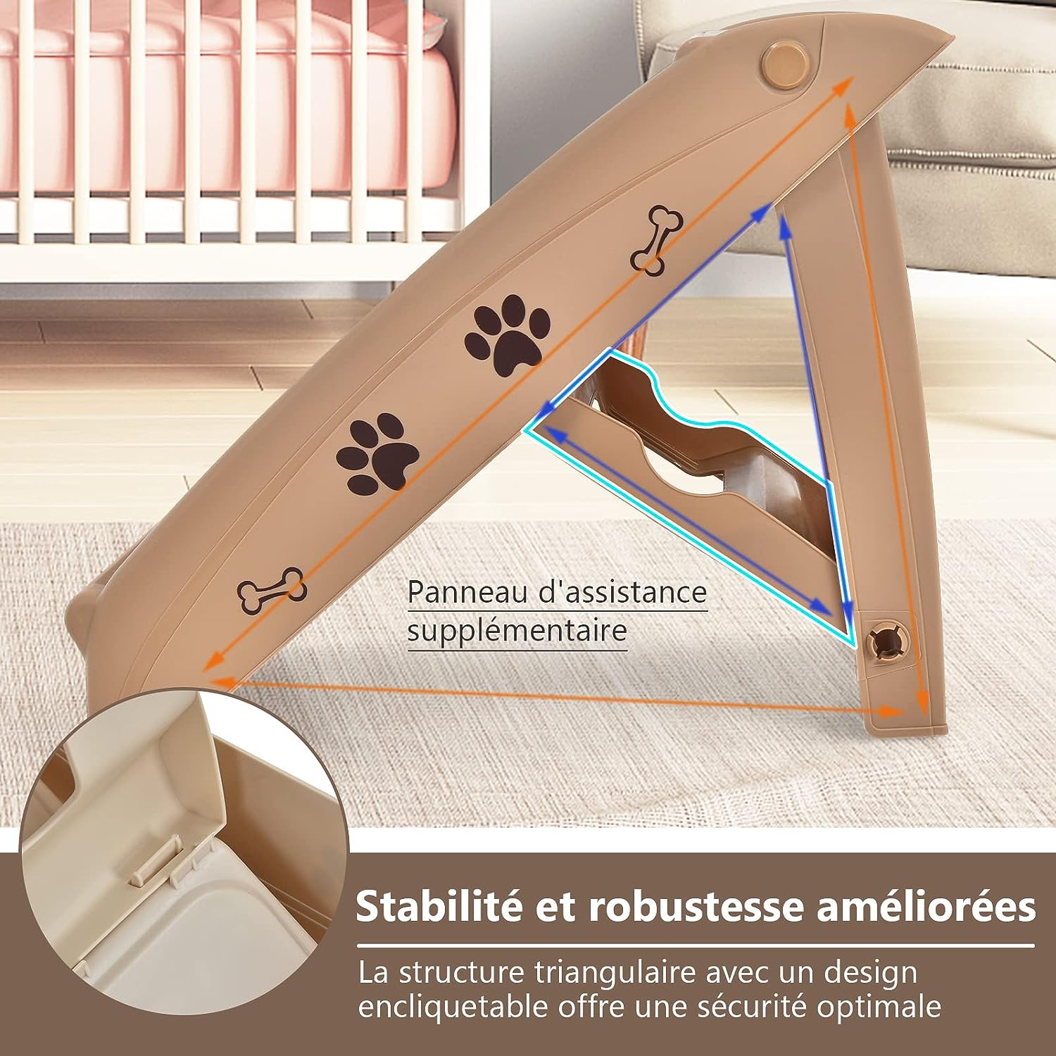 Escada dobrável para cães com 4 degraus, carga máxima de 60 kg, 64 x 39 x 49 cm, cor café - 4