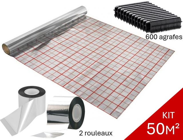 Kit Film aluminium réflechissant pour plancher chauffant long. 50m + 2 adhésifs + 600 agrafes h.40mm