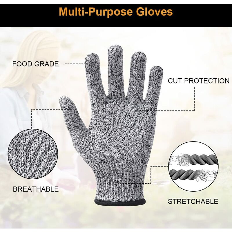 5 Paires Gants de Travail, Gants Anti-Coupures Enfant Femme, Gants de Coupe Protection de Niveau 5 pour Cuisine ,Couteaux Certifié EN 388- S - 2