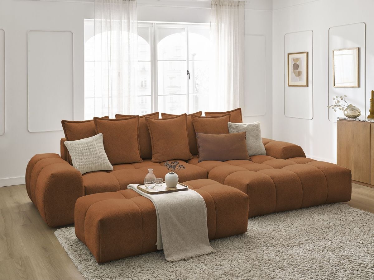 Canapé d'angle convertible coffre EVEREST tissu chiné avec pouf ...