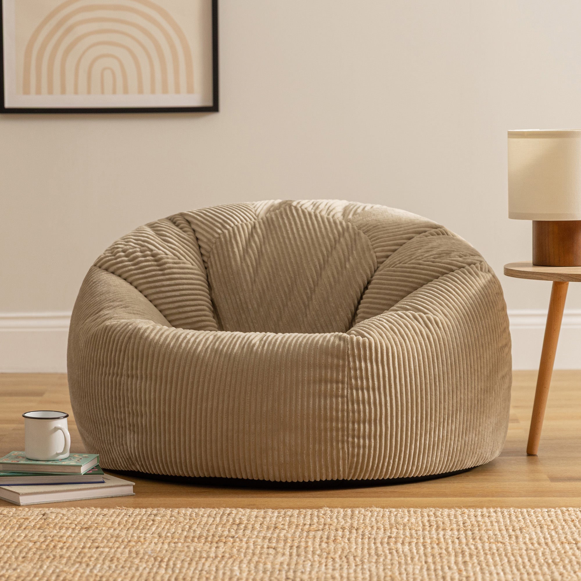 Pouf Icon in velluto a coste beige ghiaia, soggiorno, camera da letto, 85x85 cm, Made in Germany, Oeko-Tex® - 2