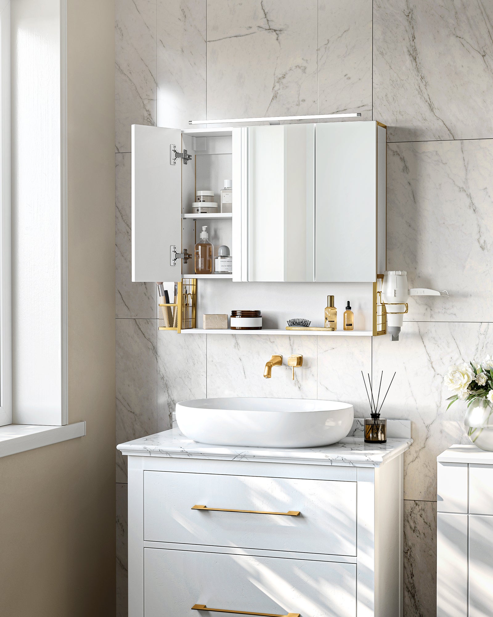 Armoire Miroir De Salle De Bain, Avec LED, Meuble Mural Toilette Rangement Avec 2 Étagères Ouvertes