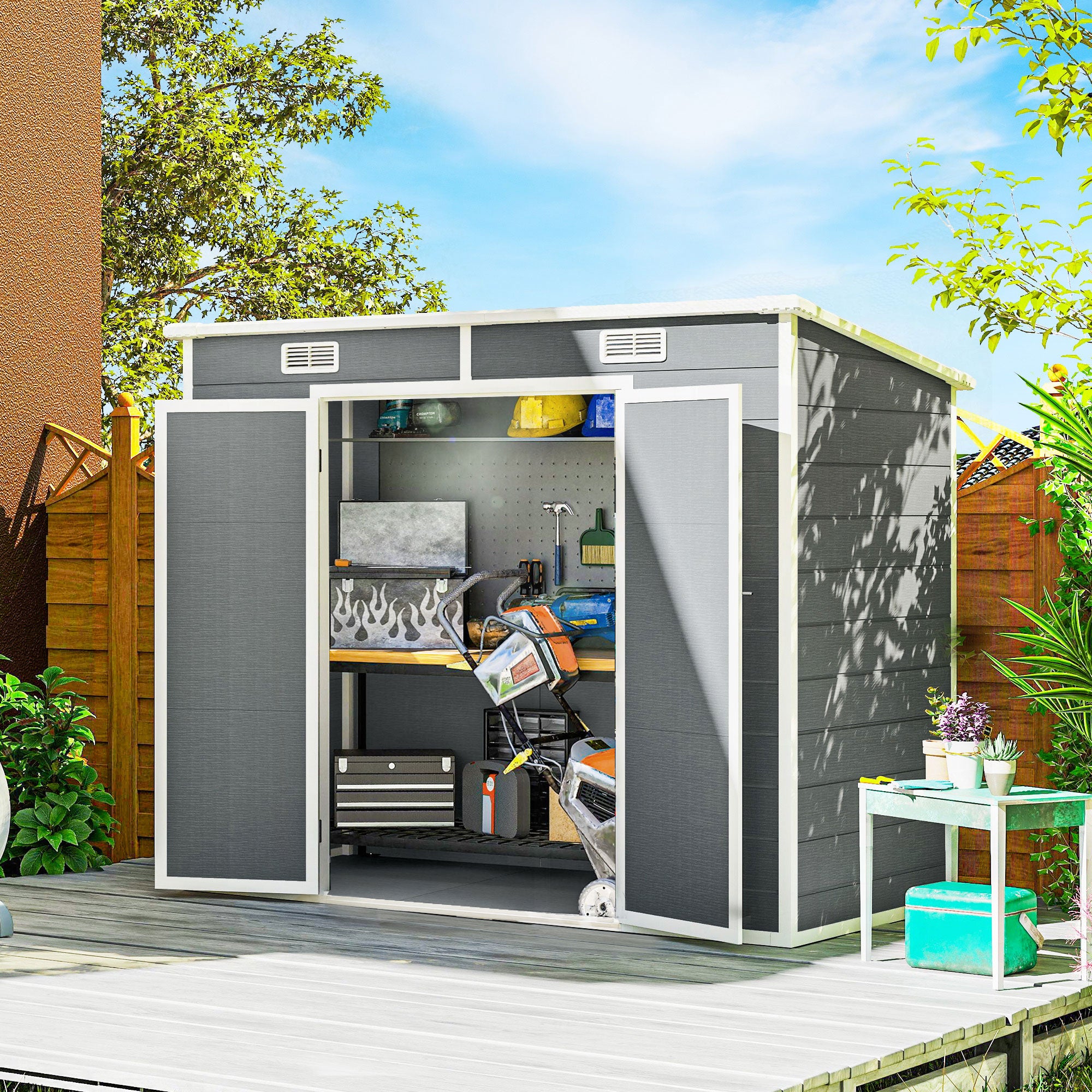 Cabanon jardin 2,4x1,3 m plastique sol fenêtre portes verrouillables jardin terrasse gris - 3