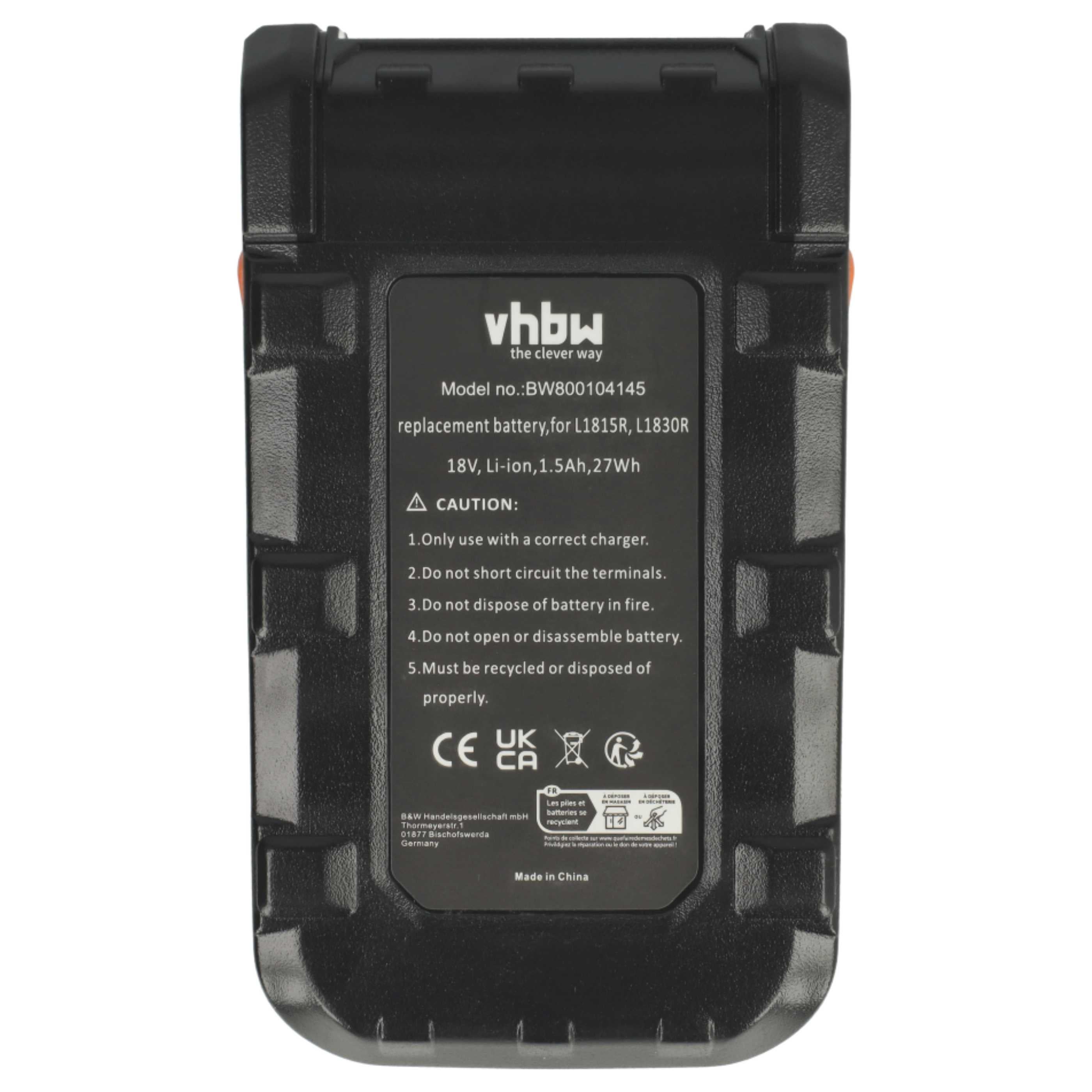 vhbw 2x Batteries remplacement pour AEG B1814, B1817G, L1830R, B1814G, B1817, L1815R, L1830, L1815, L1840R pour outil électrique (1500 mAh, Li-ion, 18 - 2