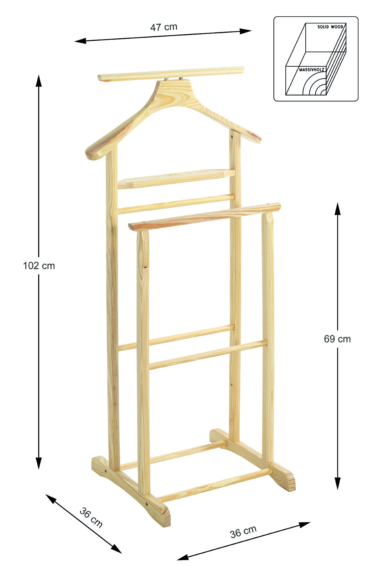 Valet de nuit double, valet de chambre en bois massif hévéa coloris naturel - longueur 47 x profondeur 36 x hauteur 102 cm - 2