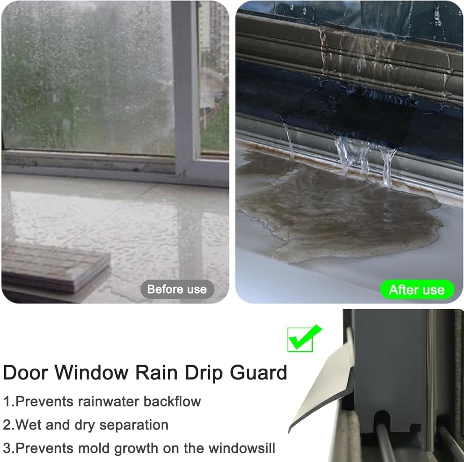 Protección antilluvia autoadhesiva para puertas y ventanas, burlete de goma con bisel de 135° y deflector de lluvia. - 5