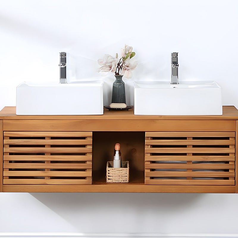 Szafka łazienkowa wisząca z drewna akacjowego z podwójną umywalką - 130 cm - PENEBEL