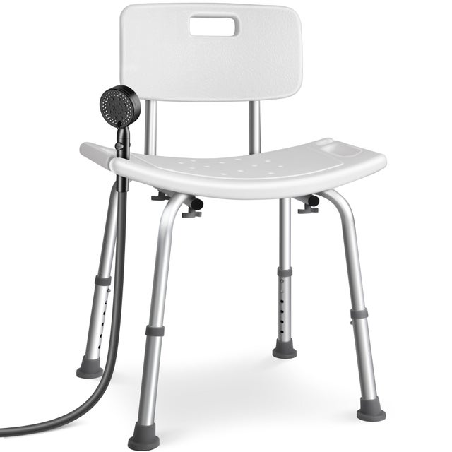 Chaise de douche avec dossier ergonomique a hauteur reglable en aluminum HDPE blanc VOUNOT®