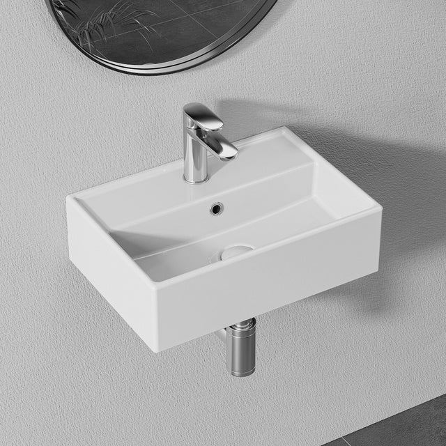 Lavabo en céramique, carré mural, vasque invité, vasque murale ou à poser avec trou pour robinet et trop-plein, 45 x 31 x 13,5 cm HOROW
