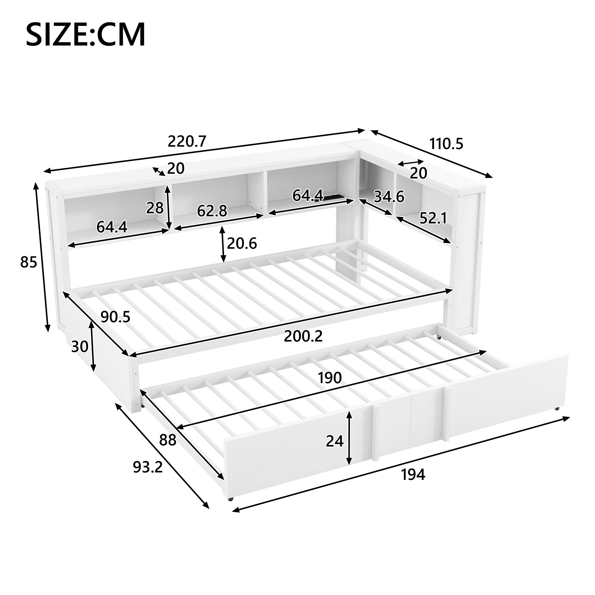 Rozkładana sofa 90x200cm - Z wysuwanym łóżkiem - z schowkiem - z LED i portem USB - Biały (bez materaca) - 5