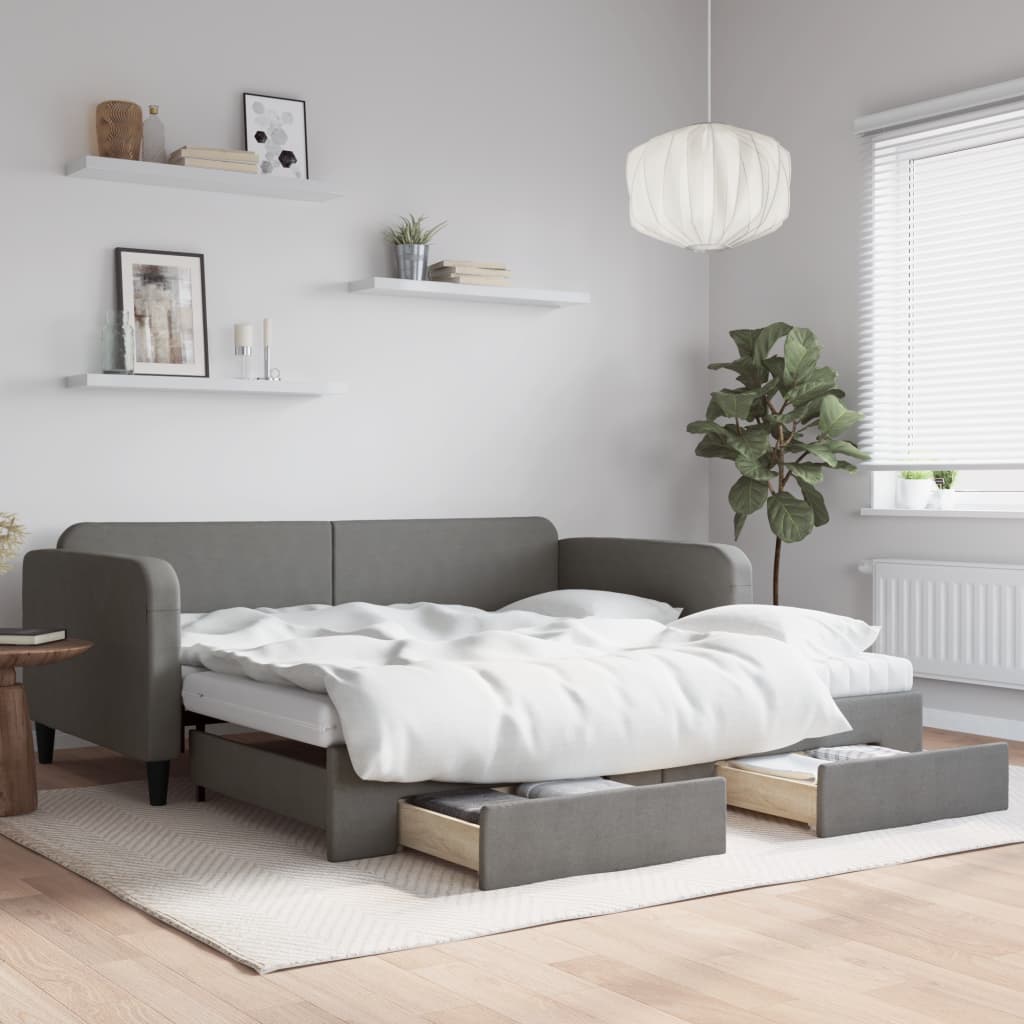 Lit De Jour Avec Gigogne Et Tiroirs 90x200 Cm - Tissu Gris Foncé