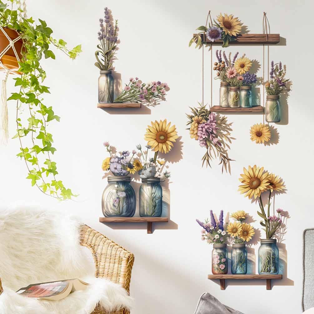 Naklejka ścienna w stylu boho, doniczkowe słoneczniki, naklejka ścienna w stylu vintage, wazon i kwiaty, dekoracja wnętrz