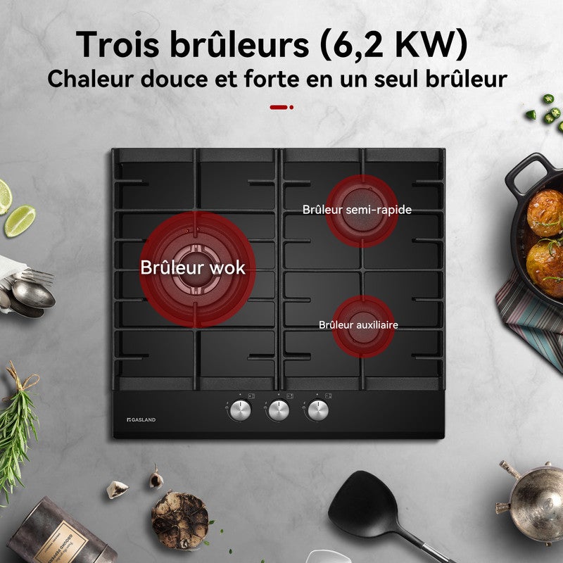 GASLAND Plaque de Cuisson Gaz GH603BF 3 Feux encastrée, Plaque gaz GPL/Gaz Naturel Noir 60 cm - 2