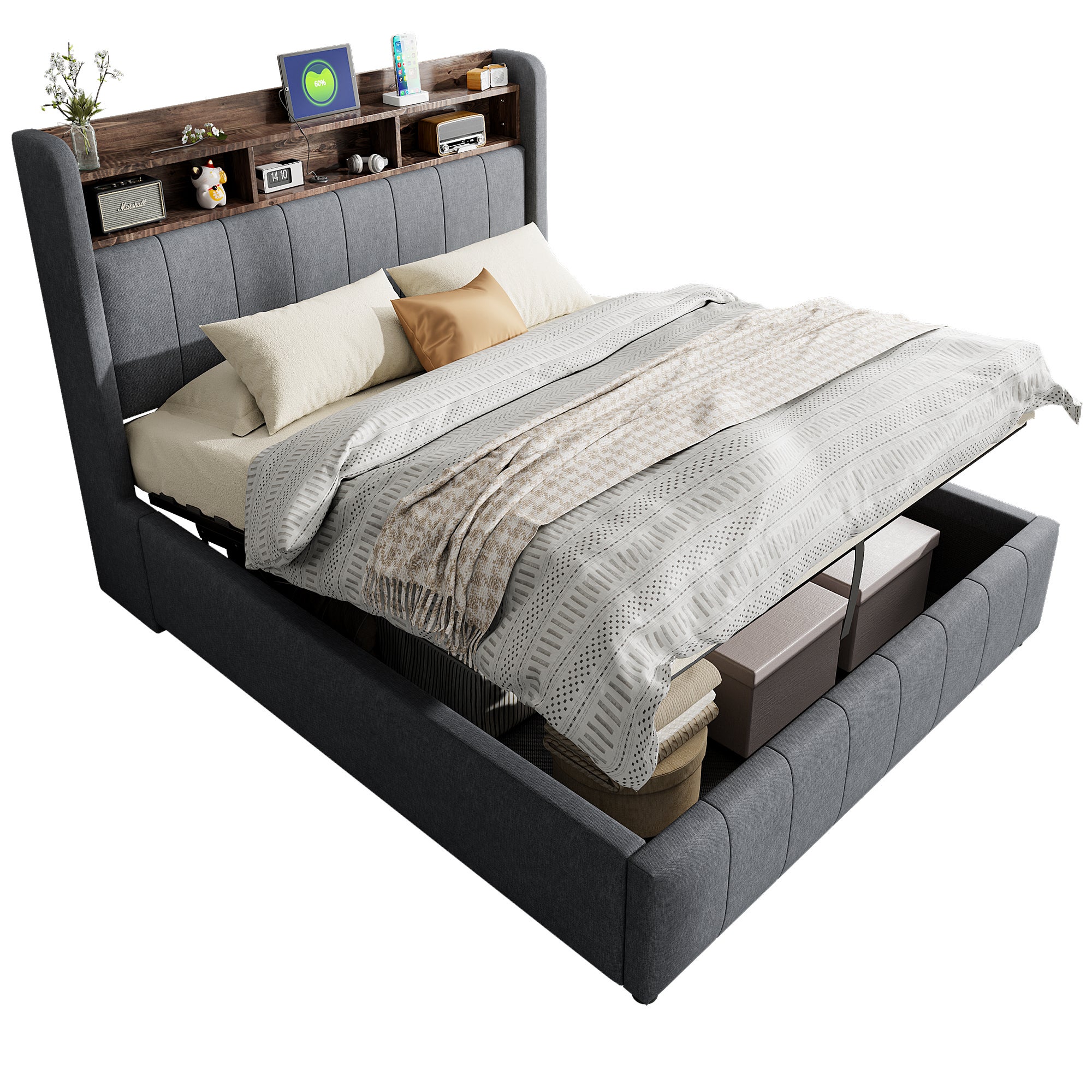 Cama con canapé 140x200 cm con LED, USB y cabecero con almacenamiento, lino gris, sin colchón - 3