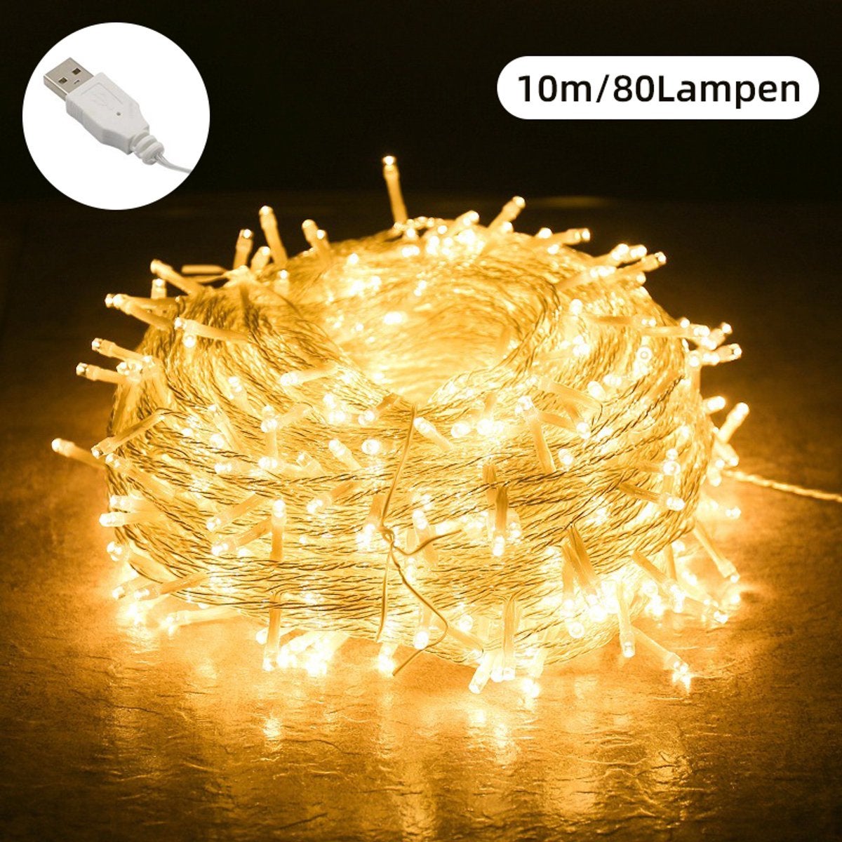 Ghirlandă luminoasă pentru camping, clasică, alb cald, alimentată prin USB, luminozitate constantă, 10 m, 80 de lumini