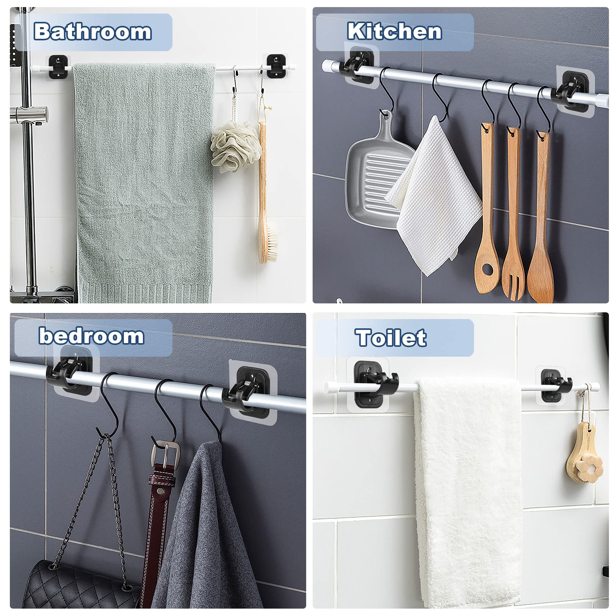 Sem hastes de cortina de perfuração, sem suporte de broca, suportes de haste de cortina, autoadesivos, sem pregos, ganchos ajustáveis ​​6 peças - 4