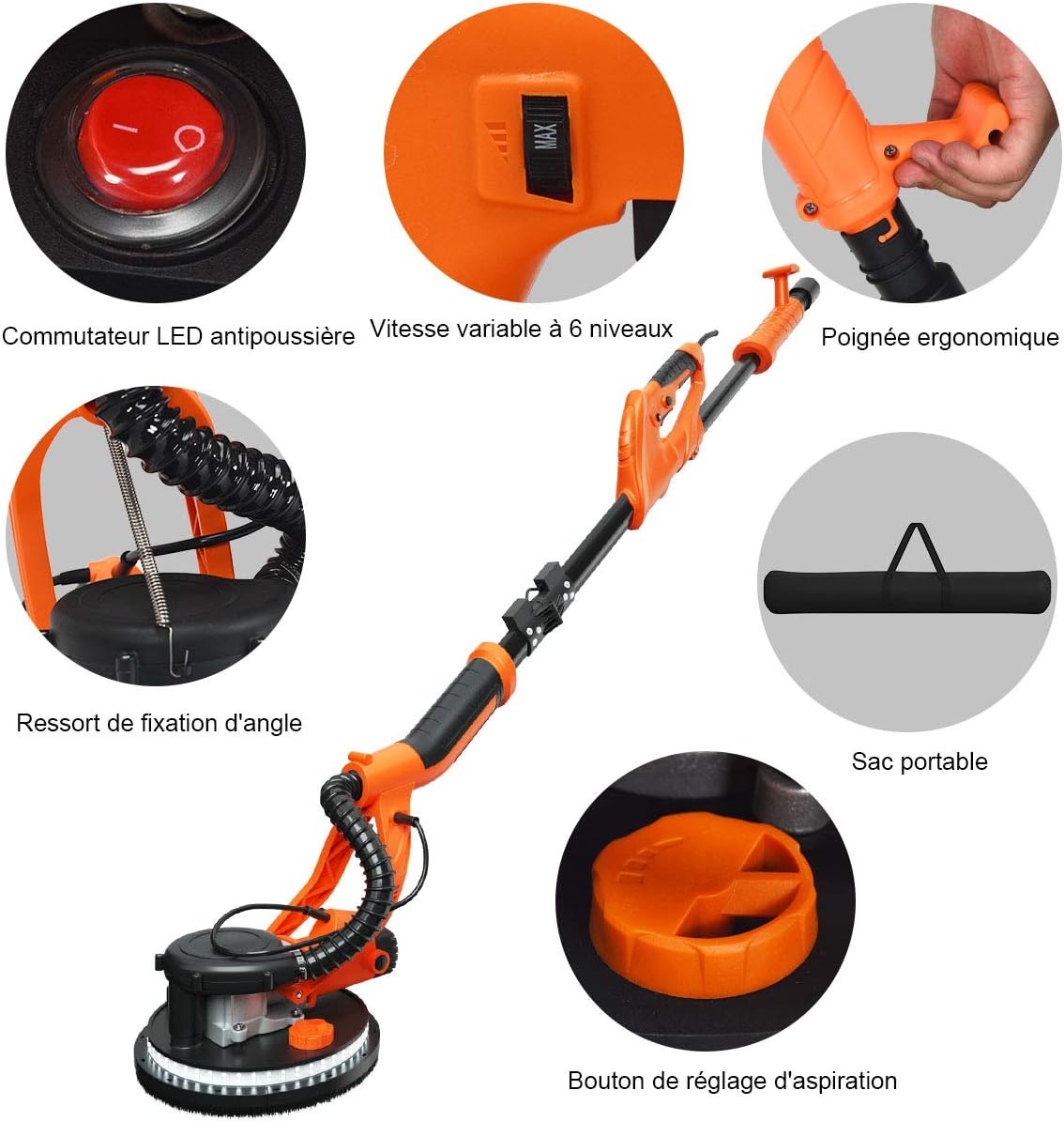 Ponceuse Girafe Murale 750W pour Mur et Plafond, 12 Disques Abrasifs Ø225MM, 6 Vitesses à 1500RPM, 80 Lumières LED, Manche Télescopique - 4